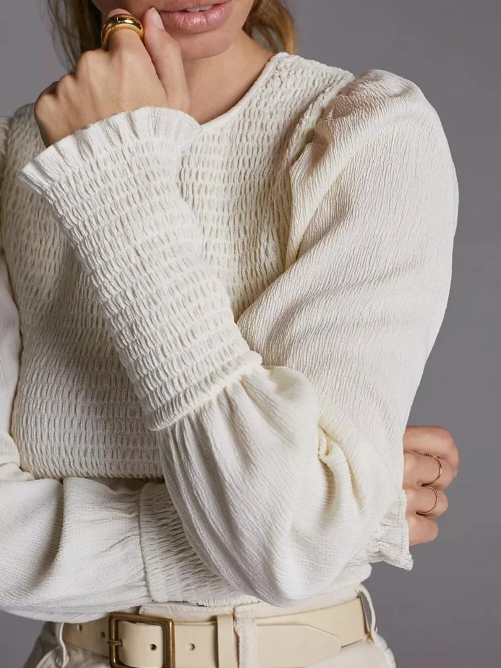 by Anthropologie Ivory Smocked Puff Sleeve Top xs
